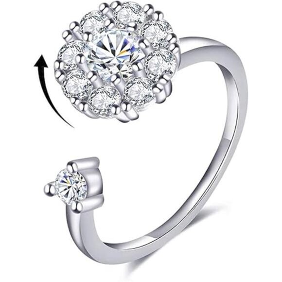 Womens Anxiety Ring 925 Sterling Silver Fidget Ring With Cubic Zircon Adjustable - Picture 7 of 7